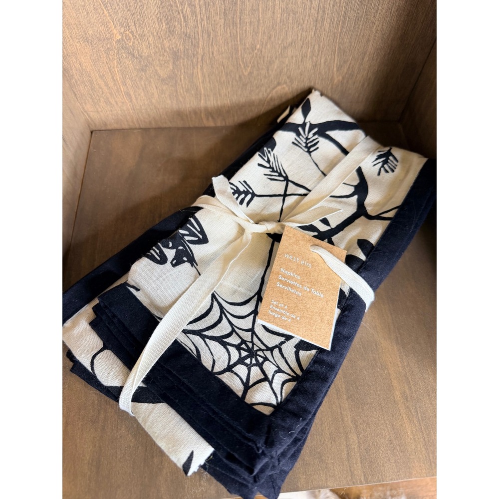 West Elm Spooky Toile Napkins Set of 4 Black White Halloween Spiderweb Crow Flax